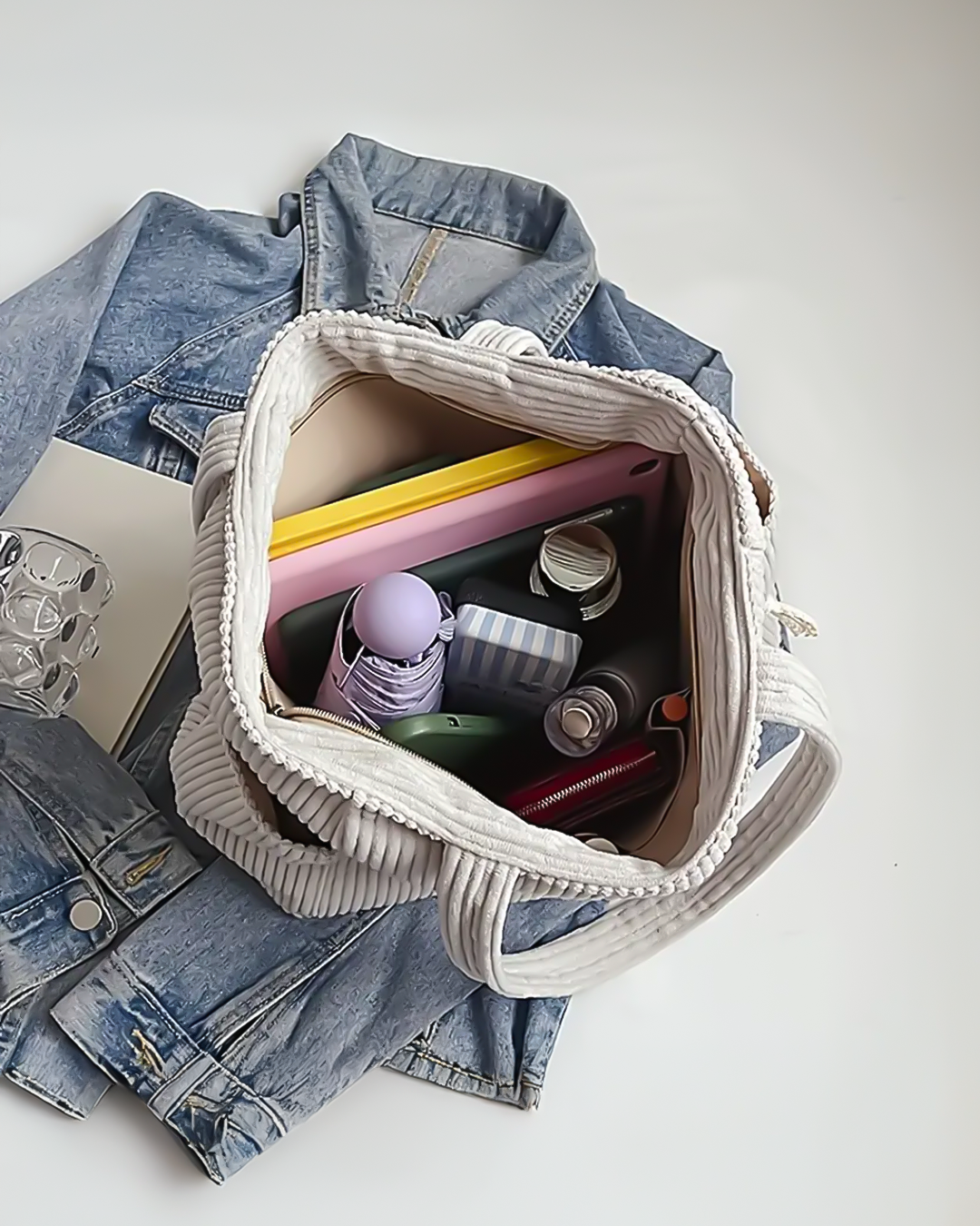 Adalira – Prążkowana torba tote z ozdobnym sznurkiem