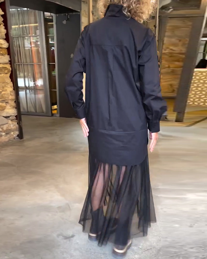 Leonie - Casual Długi Rękaw Siateczka Patchwork Sukienka